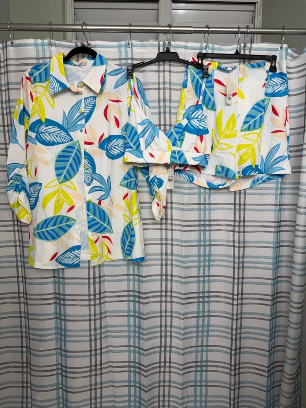 Tropical Leaf Button-Up & Shorts Set — White with Blue, Yellow & Red Leaves